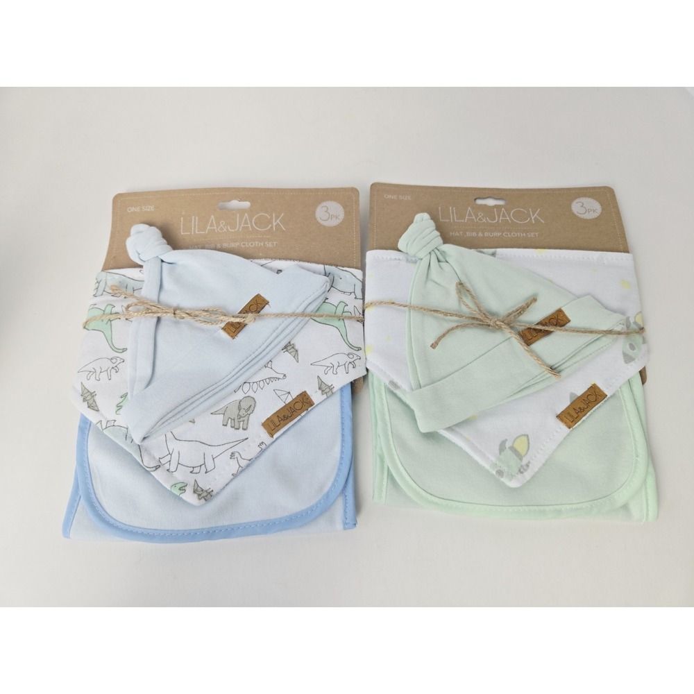 Lila & Jack Set 3 pack x 2 Hat/Bib/ Burp Cloth set NEW blue green rocket dino